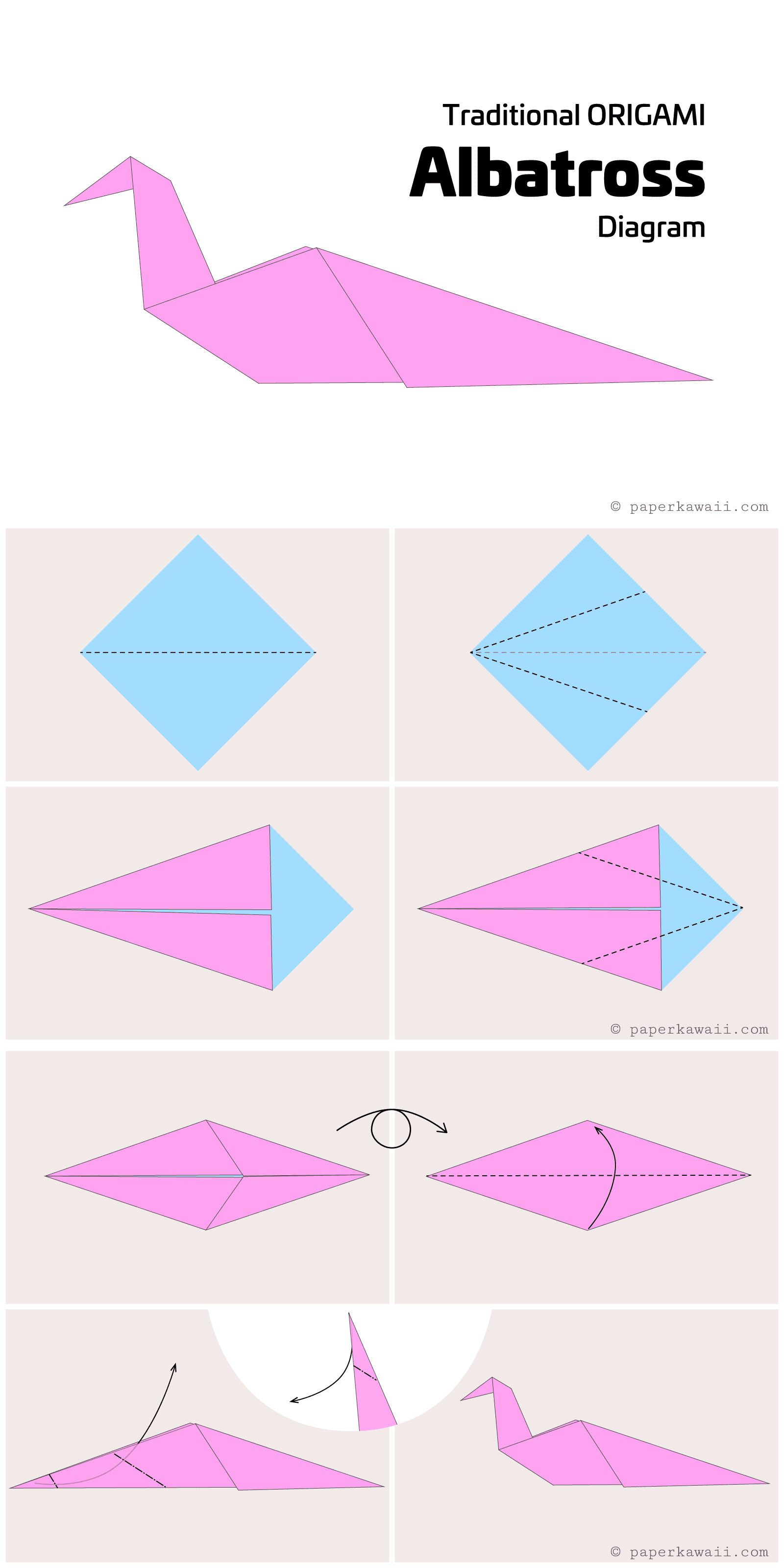 Origami Albatross Bird Diagram - Paper Kawaii #origami #diagram