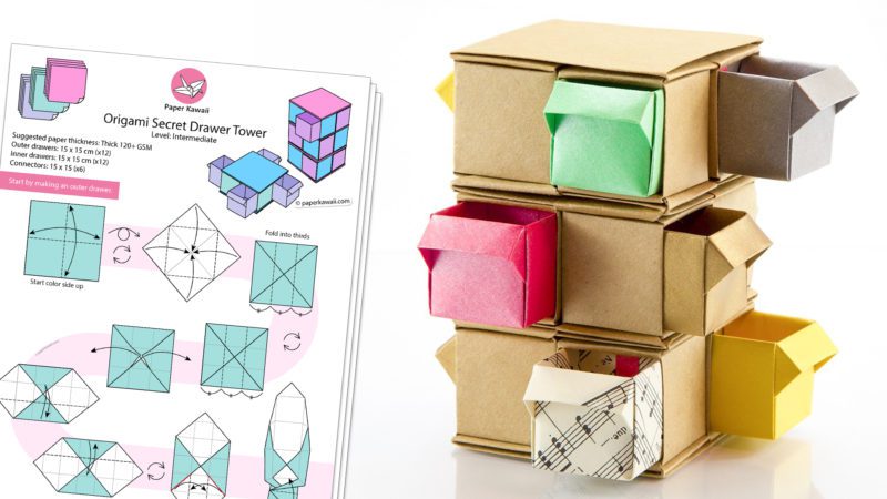 Origami Secret Drawer Tower Diagram Paper Kawaii 800x450